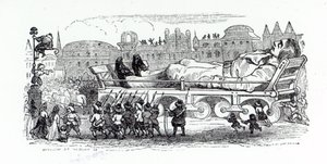 Gulliver sendo transportado para a capital liliputiana, uma ilustração de "Viagens de Gulliver" por Jonathan Swift, 1838 de Grandville